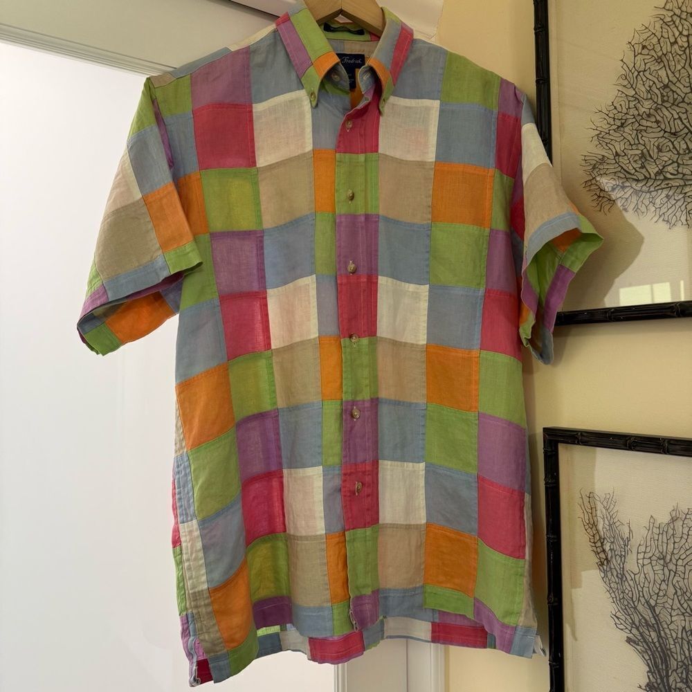 Paul Fredrick 100% Linen Bright Pastel Patchwork Button Down Shirt